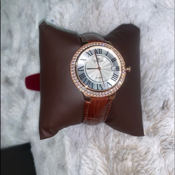 Ladies Oniss Gold Tone Brown Leather Band Silver Dial Crystals Date Watch ON3322 main image 10